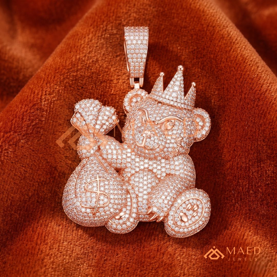 Fully Flooded 3D Money Bear Charm – Rich Teddy Stacks Pendant