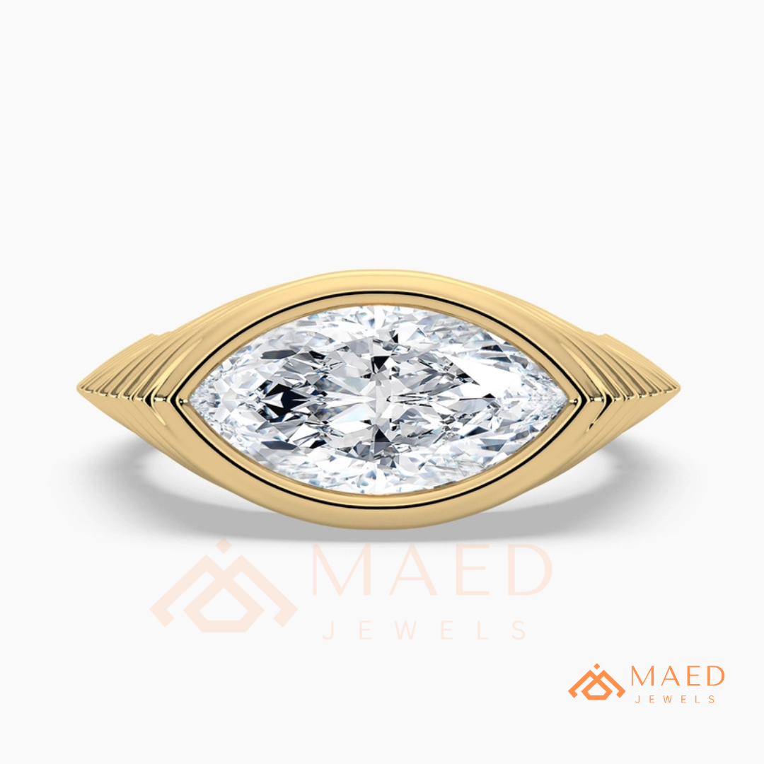 East-West Marquise Bezel Engagement Ring | Fluted Band in 14K Gold, Rose Gold & Silver