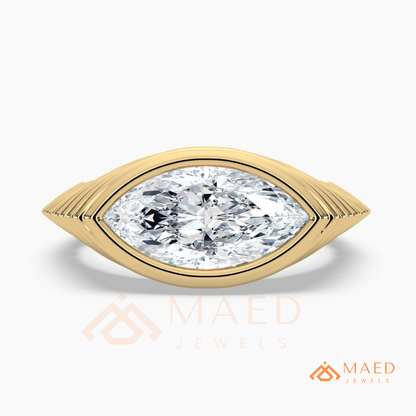 East-West Marquise Bezel Engagement Ring | Fluted Band in 14K Gold, Rose Gold & Silver