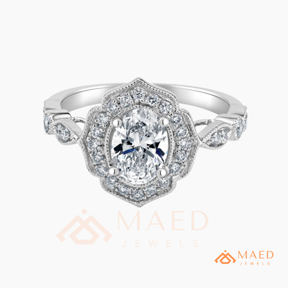 Vintage Oval Cut Art Deco Halo Engagement Ring | Milgrain Band in 14k Gold & Silver