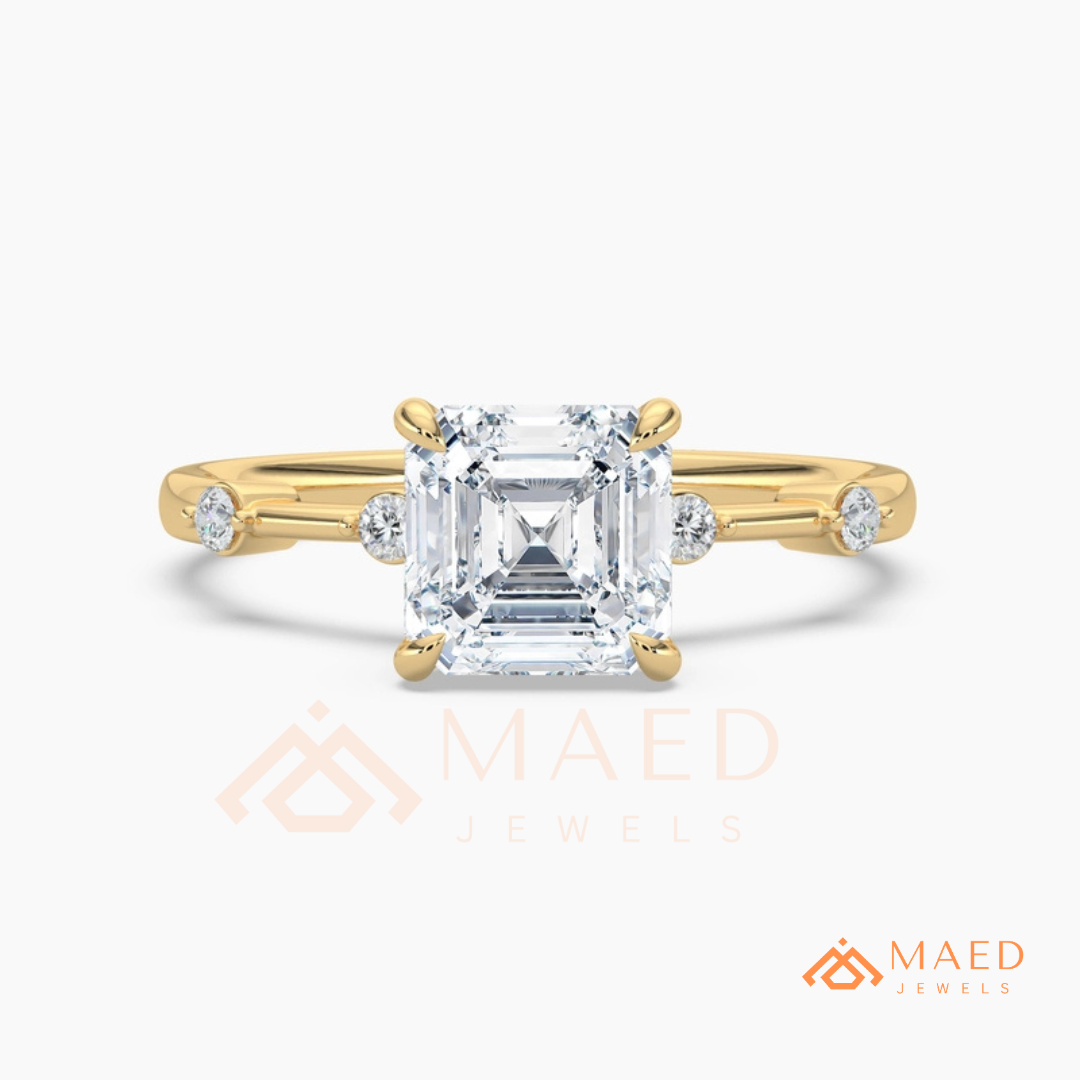 Asscher Cut Engagement Ring with Accent Stones | Vintage Art Deco Promise Ring | 14K Gold, Rose Gold & Sterling Silver
