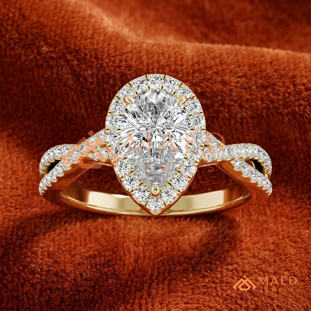 Pear-Cut Moissanite/Diamond Halo Engagement Ring with Twisted Pavé Band