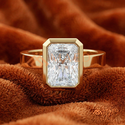 Radiant Cut Bezel Set Engagement Ring with Wide Flat Band in 14K Gold, Rose Gold & Silver
