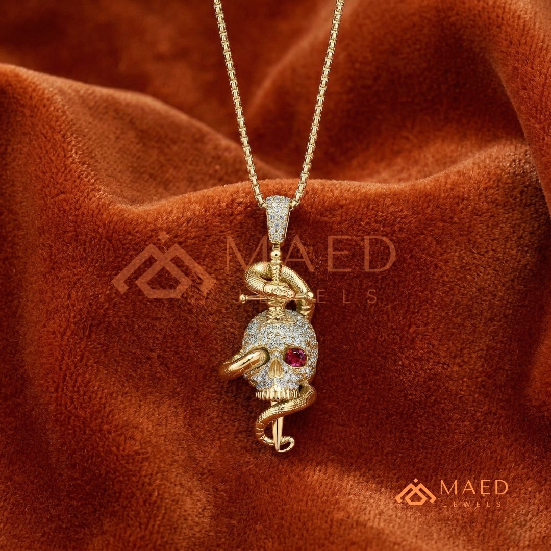 Fully Flooded Skull & Serpent Statement Charm – Ruby Red Eye Hip Hop Pendant