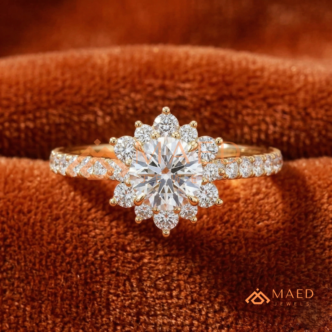 Vintage Starburst Halo Round Cut Engagement Ring with Pave Band in Silver, 14K Gold & Rose Gold