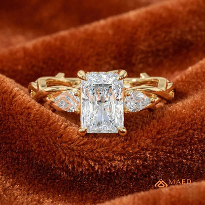 Nature-Inspired Radiant Cut Three-Stone Engagement Ring in Silver, 14k Gold, Rose Gold & Rose Gold