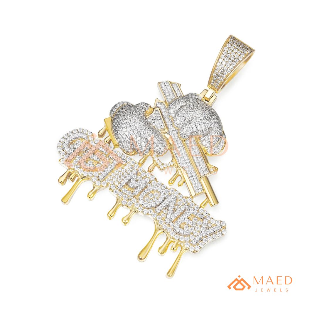 Iced Out "GET MONEY" Drip Pendant – 14K Gold, Rose Gold & Sterling Silver Hip Hop Charm