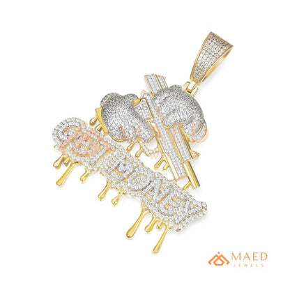 Iced Out "GET MONEY" Drip Pendant – 14K Gold, Rose Gold & Sterling Silver Hip Hop Charm