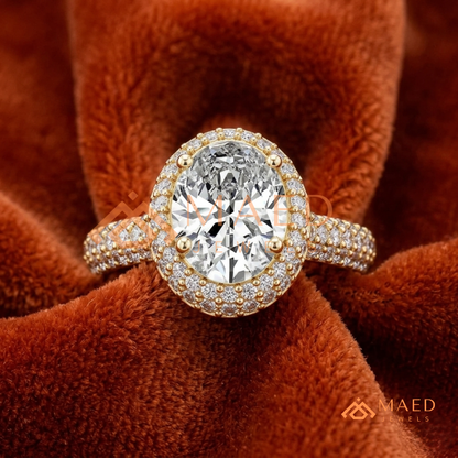 Radiant Oval Double Halo Engagement Ring with Multi-Row Pavé Band
