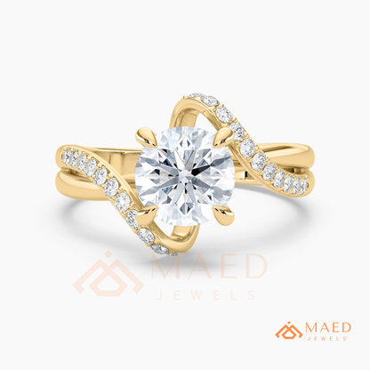 Round Cut Diamond Bypass Engagement Ring in Sterling Silver, 14K Gold & Rose Gold