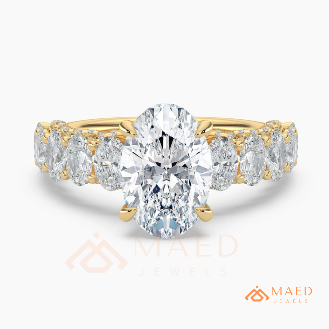 Elongated Oval Cut Engagement Ring with Oval Accent Band | 14k Gold, Rose Gold & Silver