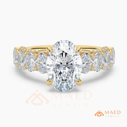 Elongated Oval Cut Engagement Ring with Oval Accent Band | 14k Gold, Rose Gold & Silver
