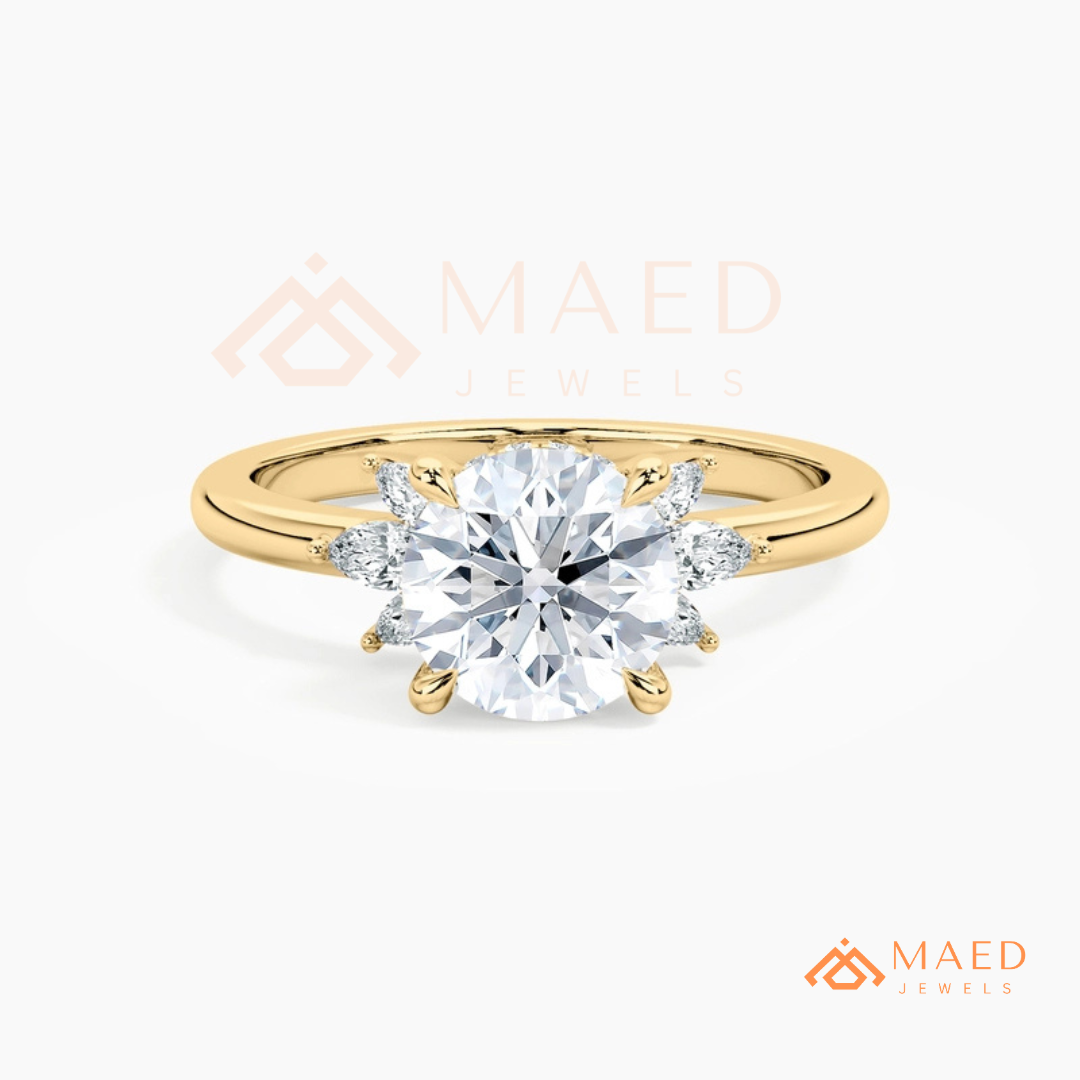 Round Brilliant Cut Ring with Marquise Floral Cluster | 14k Gold, Rose Gold & Silver