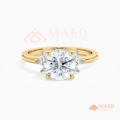 Round Brilliant Cut Ring with Marquise Floral Cluster | 14k Gold, Rose Gold & Silver