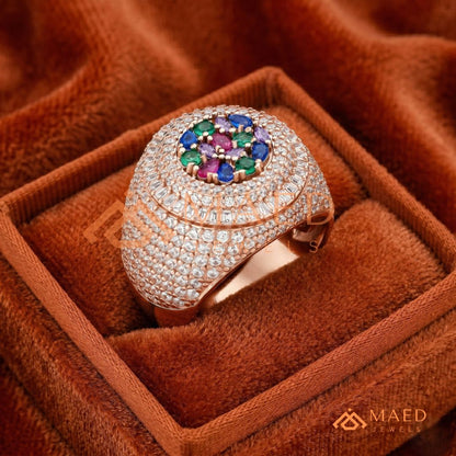 Heavy Multi-Color Iced Medallion Ring – 925 Silver, 14K Gold & Rose Gold