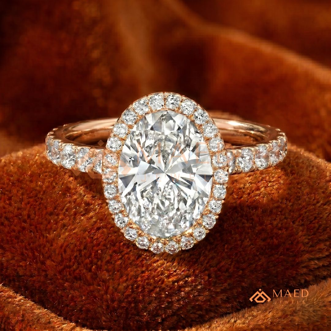 Oval Cut Halo Engagement Ring with Pavé Band in Silver, 14K Gold, & 14K Rose Gold