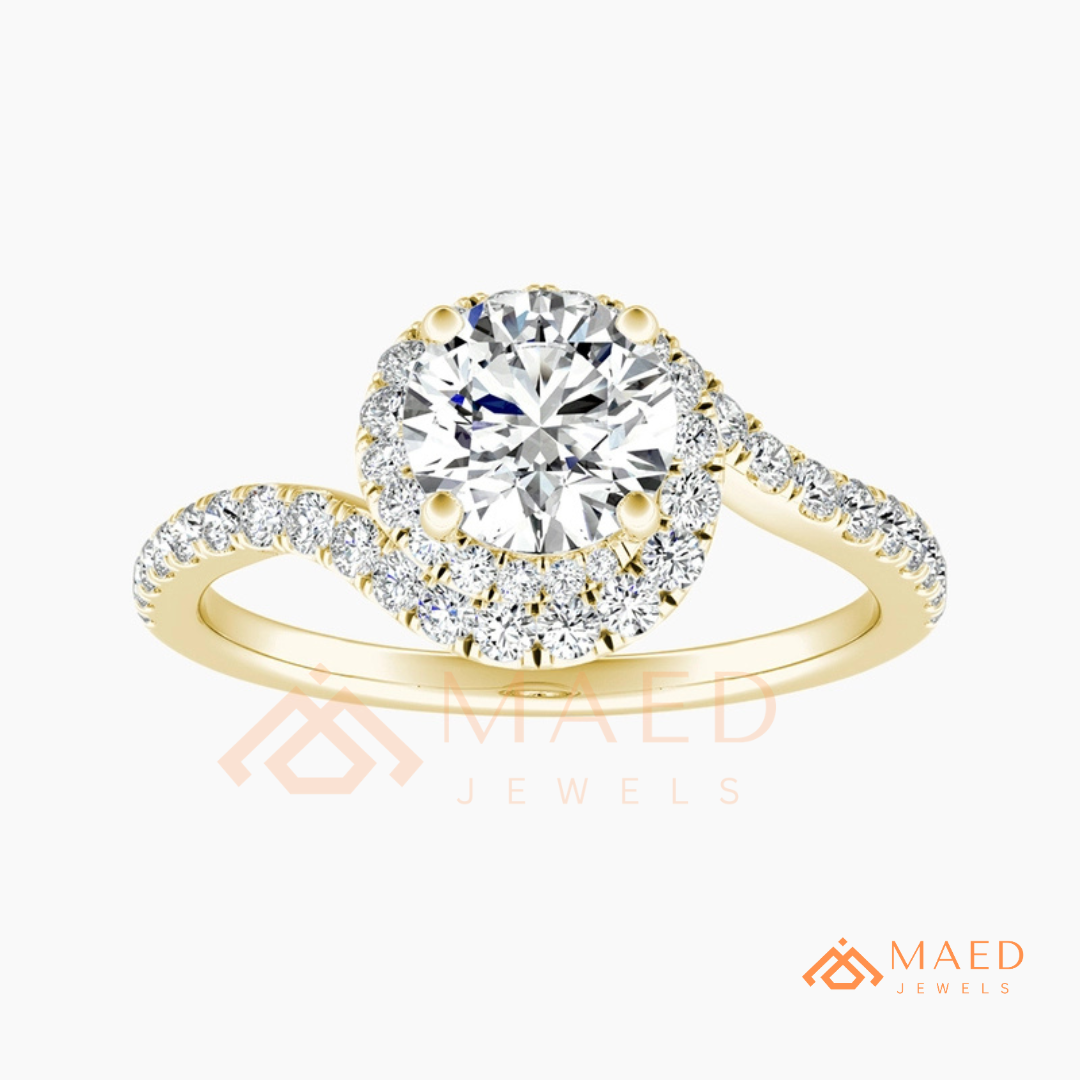 Moissanite Bypass Halo Engagement Ring in 14K Gold, Rose Gold & Sterling Silver | Twisted Pave Diamond Accent Ring for Women