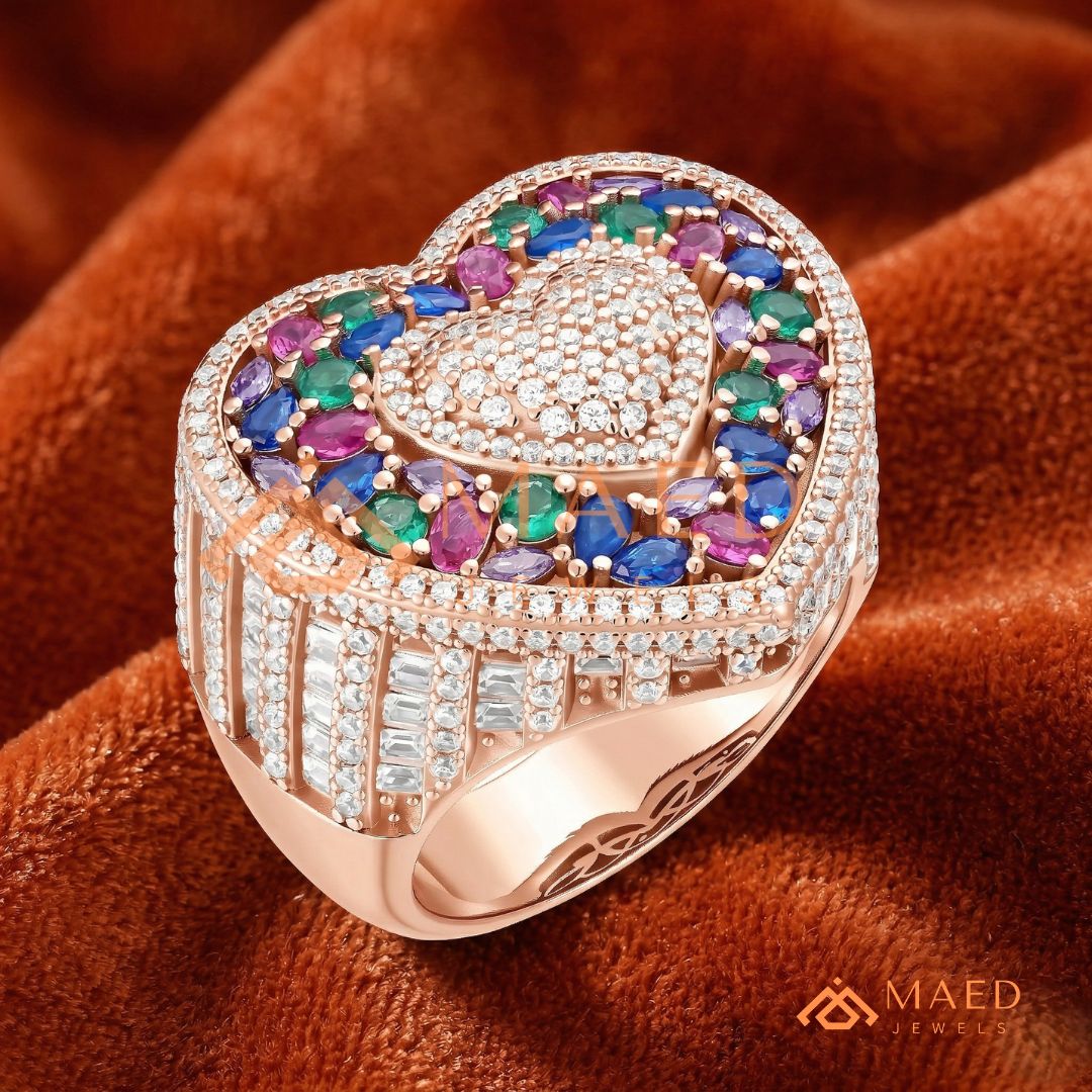 Luxury Multi-Color Iced Heart Statement Ring – 925 Silver, 14K Gold & Rose Gold