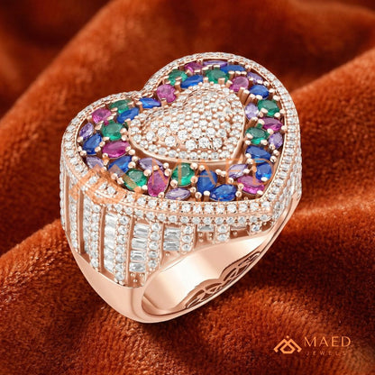 Luxury Multi-Color Iced Heart Statement Ring – 925 Silver, 14K Gold & Rose Gold