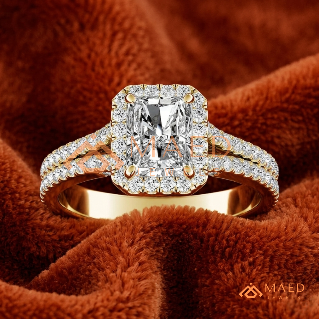 Radiant-Cut Halo Engagement Ring with Split-Shank Pavé Band