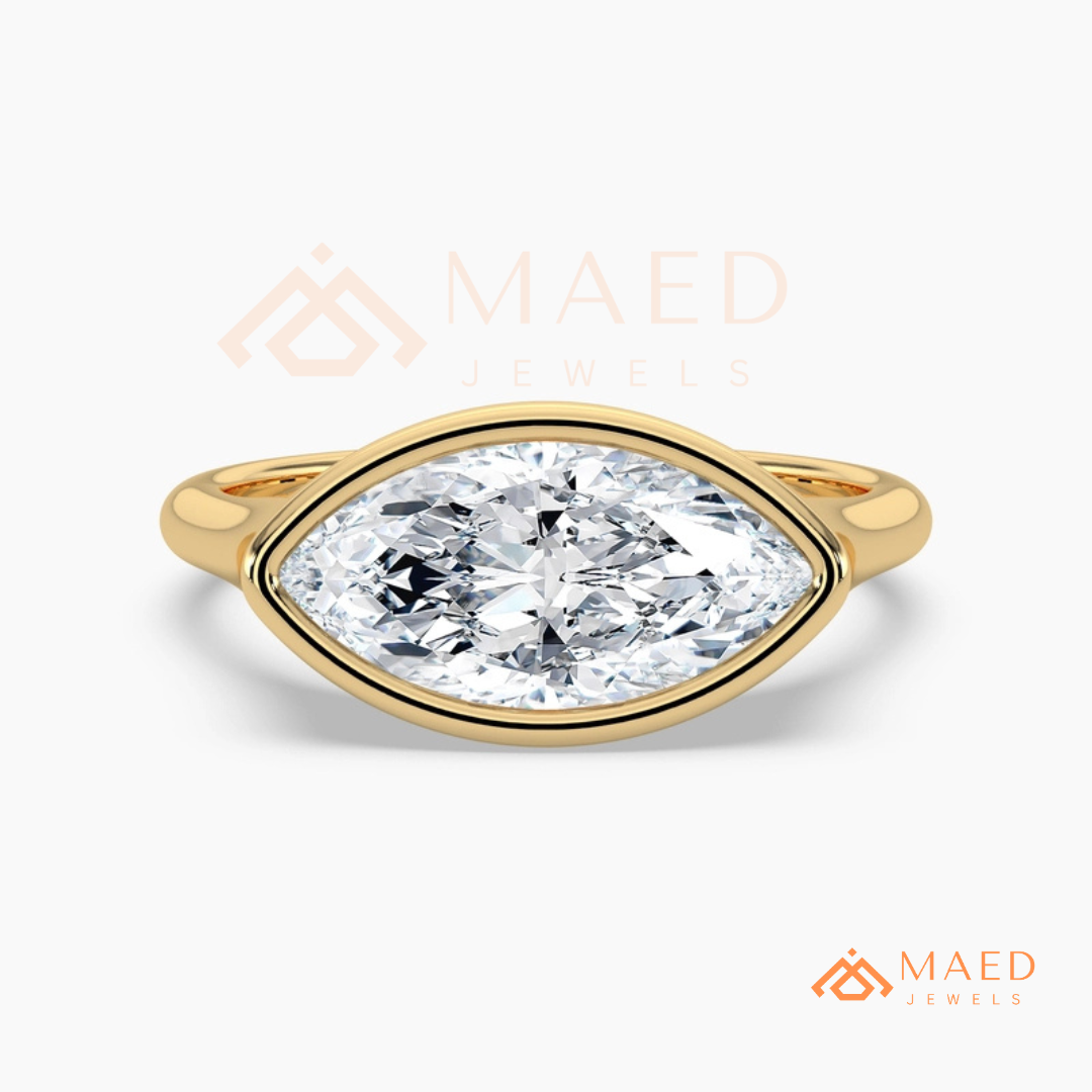 East-West Marquise Cut Bezel Engagement Ring | 14k Gold, Rose Gold & Sterling Silver Modern Solitaire Band