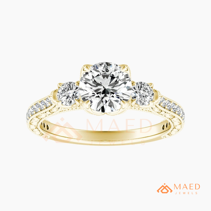 Vintage 3-Stone Round Engagement Ring in 14K Gold, Rose Gold & Silver | Antique Milgrain Pave Moissanite Ring for Women