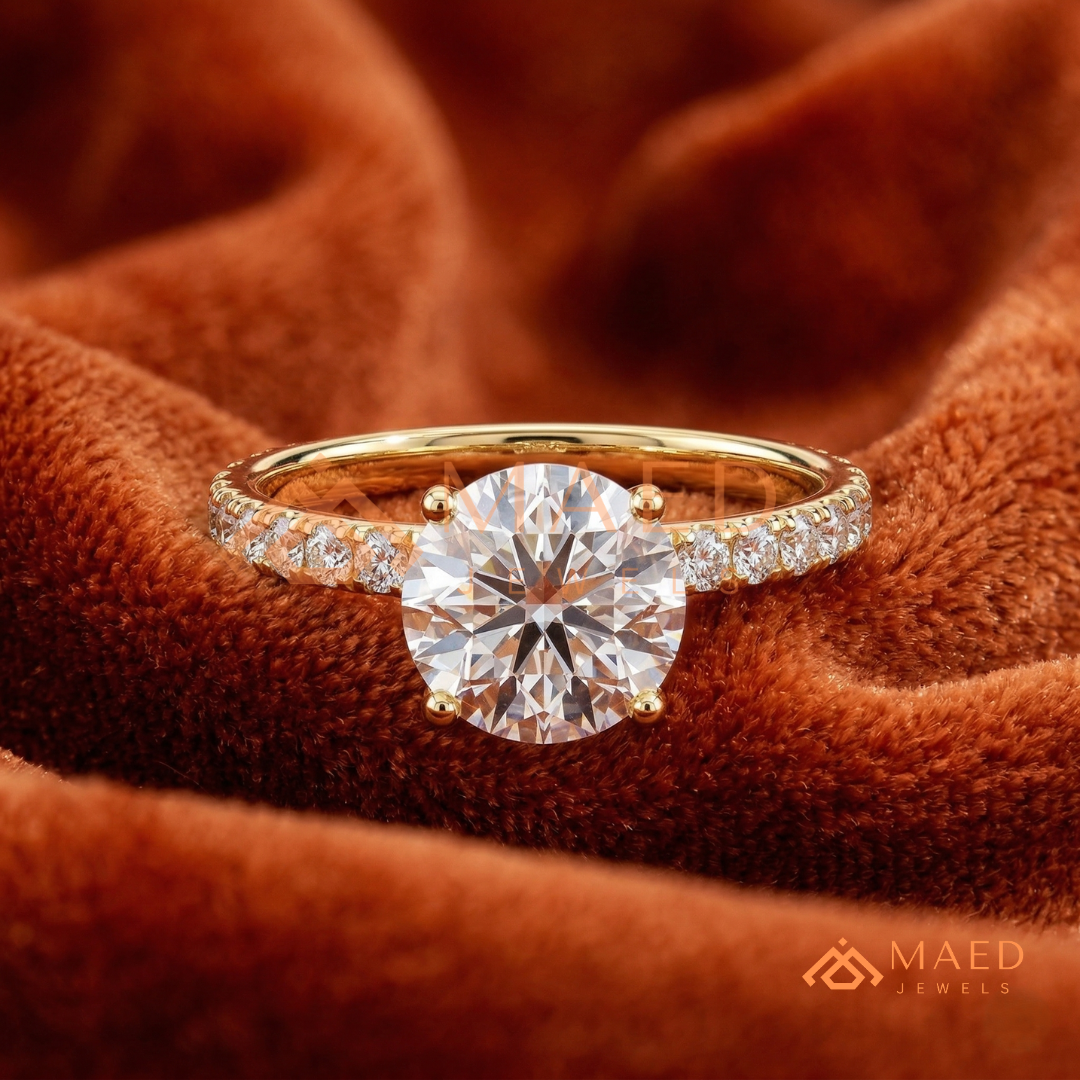 Classic Round Cut Pave Solitaire Ring in Silver, 14K Yellow Gold, or Rose Gold