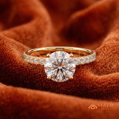 Classic Round Cut Pave Solitaire Ring in Silver, 14K Yellow Gold, or Rose Gold