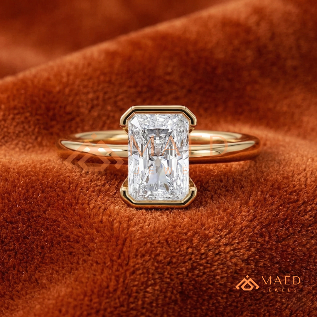 The Rowan Radiant Half-Bezel Engagement Ring – Silver, 14K Yellow & Rose Gold