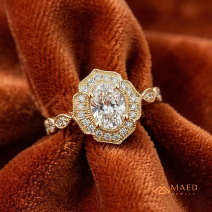Vintage Oval Cut Art Deco Halo Engagement Ring | Milgrain Band in 14k Gold & Silver