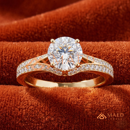 Round Brilliant Cut Split Shank Cathedral Engagement Ring in 14K Gold, Rose Gold & Silver | Vintage-Inspired Pave Accent Ring for Women