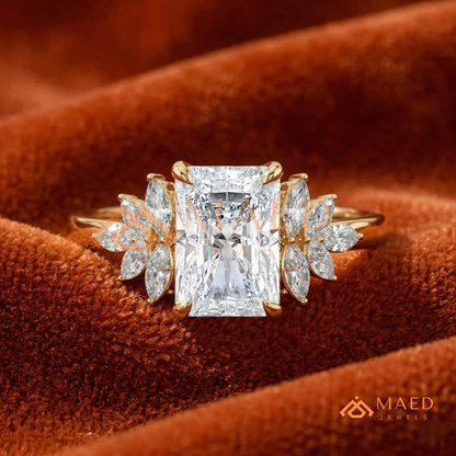 Radiant Cut Engagement Ring with Marquise Diamond Lotus Cluster in 14K Gold, Rose Gold & Silver