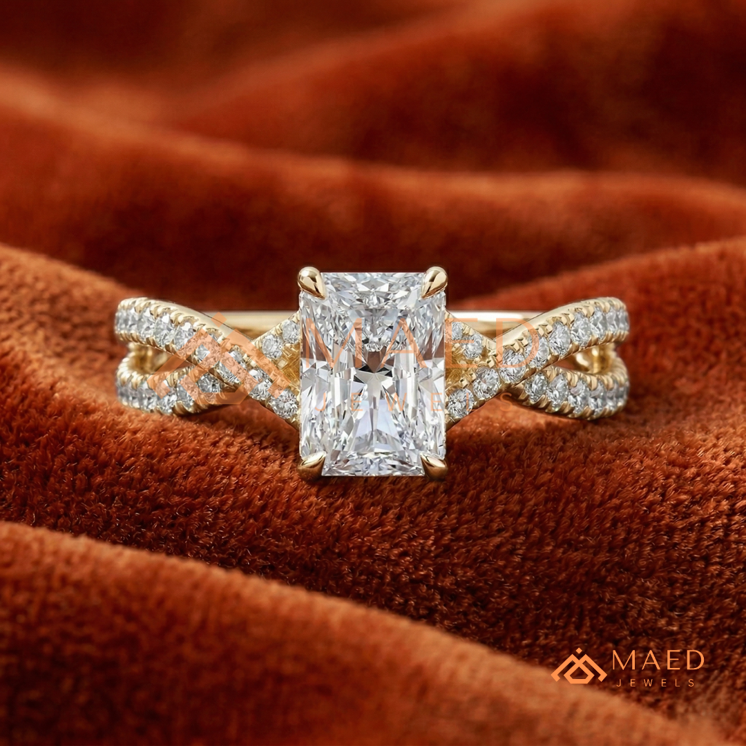 Nature-Inspired Radiant Cut Three-Stone Engagement Ring with Thorn Band in Silver, 14K Gold & Rose Gold