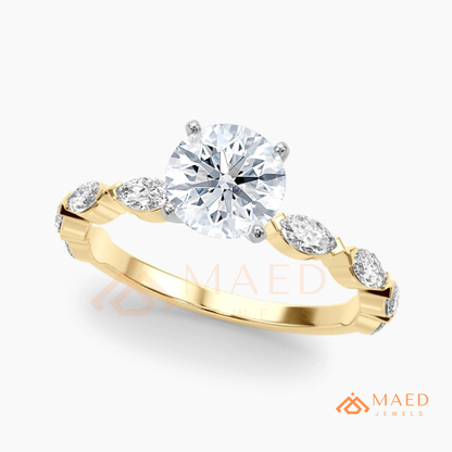 Round Cut Engagement Ring with Marquise Accent Cluster Band in 14K Gold, Rose Gold & Silver