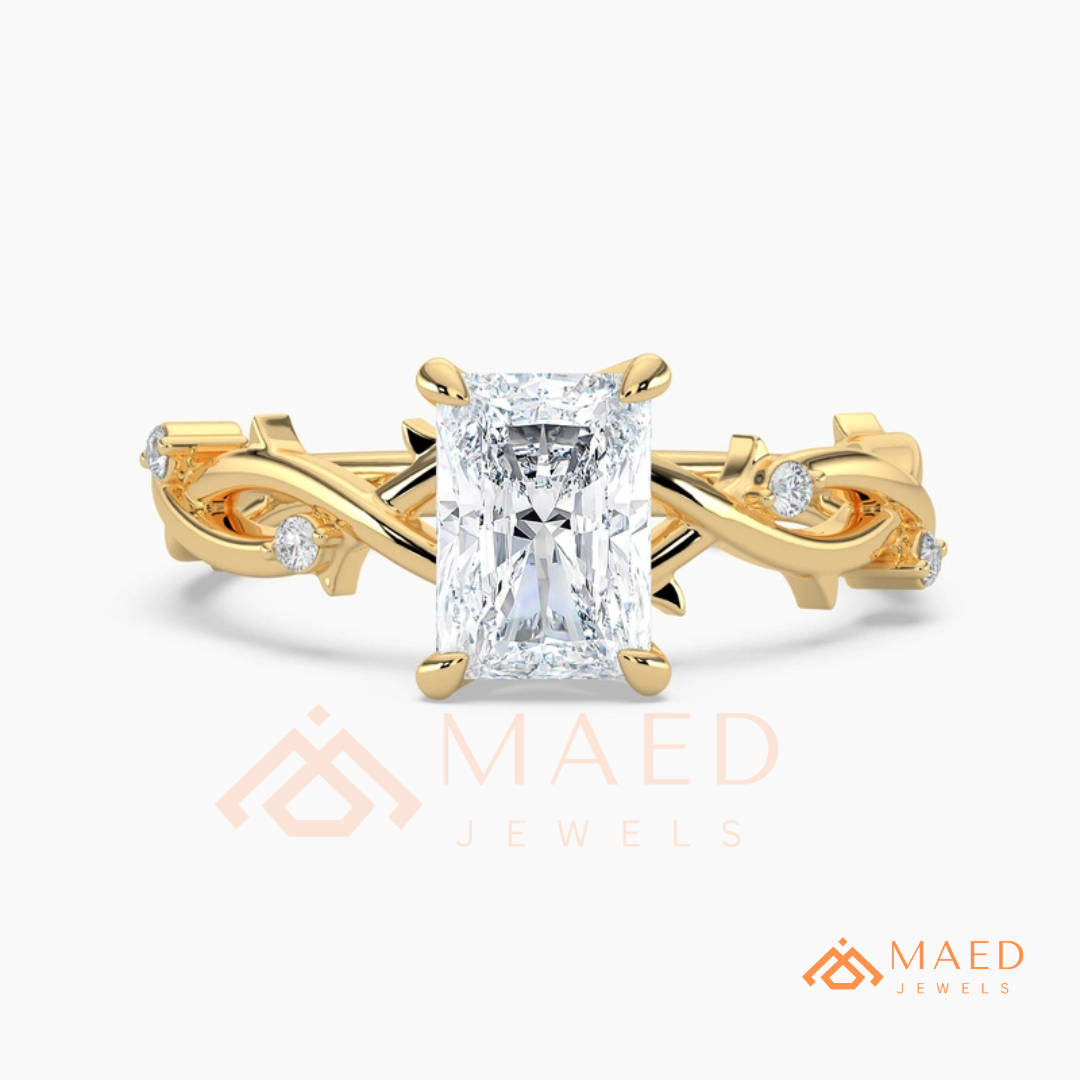 Enchanted Vine Radiant Cut Ring | Nature-Inspired Branch Wedding Band | 14K Gold, Rose Gold & Sterling Silver