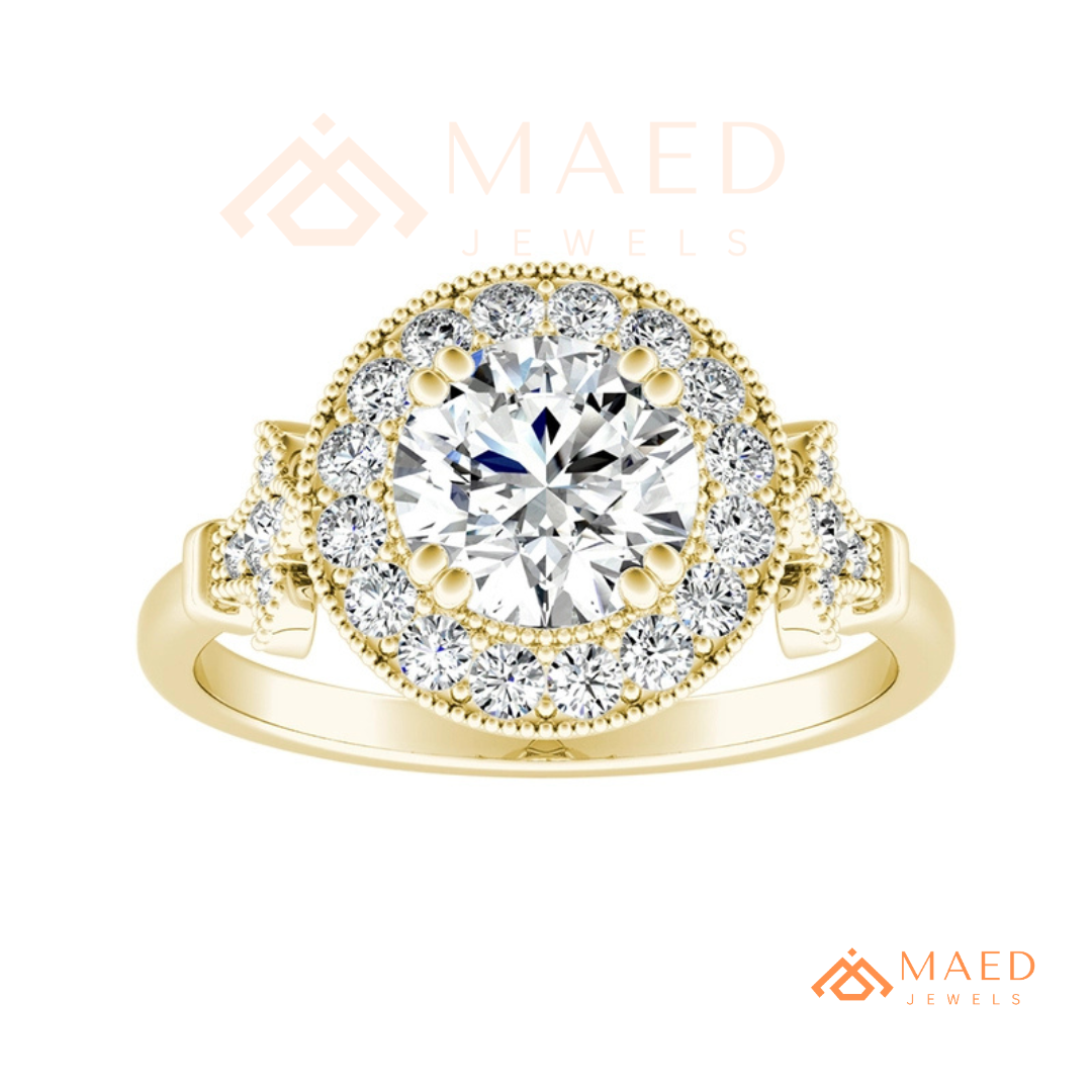 Vintage-Inspired Round Halo Engagement Ring with Milgrain Detail in 14K Gold, Rose Gold or Silver