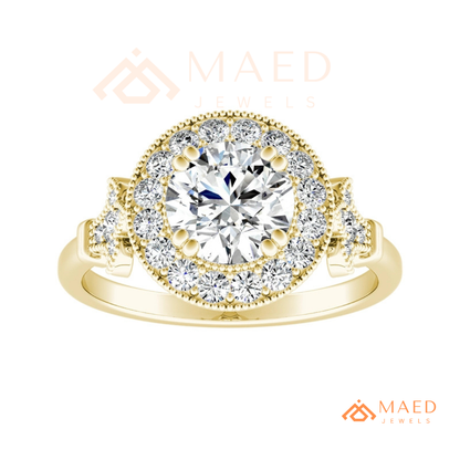 Vintage-Inspired Round Halo Engagement Ring with Milgrain Detail in 14K Gold, Rose Gold or Silver