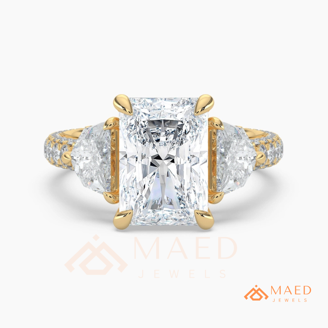 Classic Radiant Cut Three-Stone Engagement Ring with Half-Moon Side Stones in Silver, 14K Gold & Rose Gold