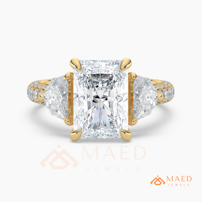 Classic Radiant Cut Three-Stone Engagement Ring with Half-Moon Side Stones in Silver, 14K Gold & Rose Gold