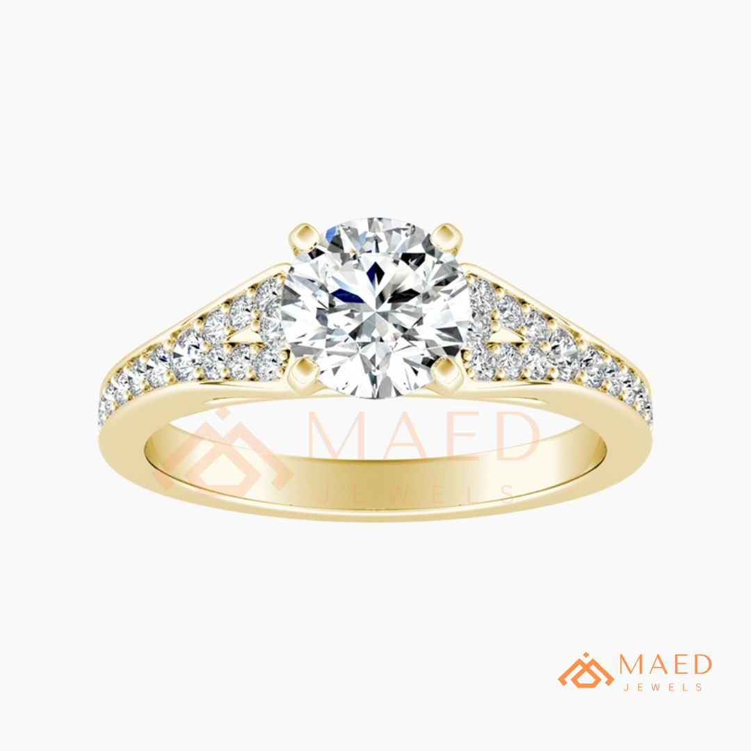 Round Cut Engagement Ring with Pavé Accents in 14K Gold, Rose Gold or Silver