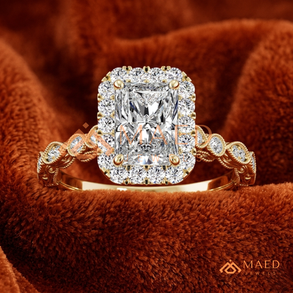 Radiant Halo Vintage-Style Engagement Ring – Ornate Vine Band