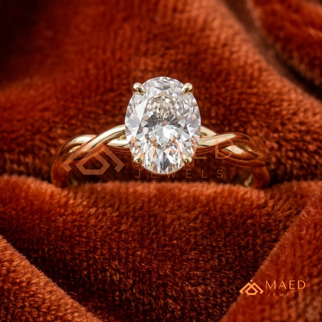 Braided Solitaire Oval Cut Ring in 14K Yellow Gold, Rose Gold & Silver