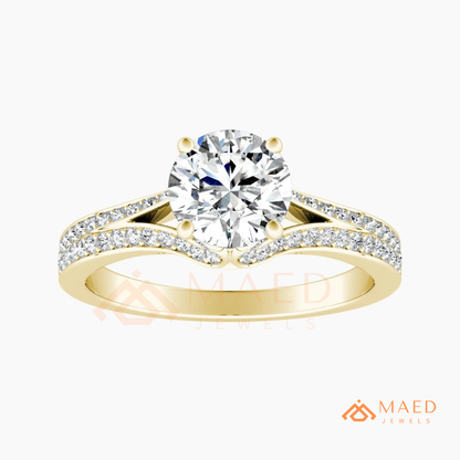 Round Brilliant Cut Split Shank Cathedral Engagement Ring in 14K Gold, Rose Gold & Silver | Vintage-Inspired Pave Accent Ring for Women