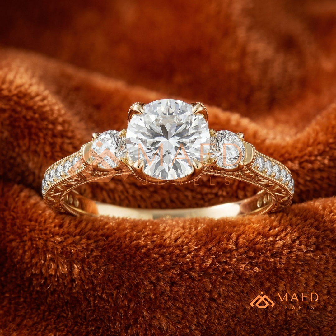 Vintage 3-Stone Round Engagement Ring in 14K Gold, Rose Gold & Silver | Antique Milgrain Pave Moissanite Ring for Women