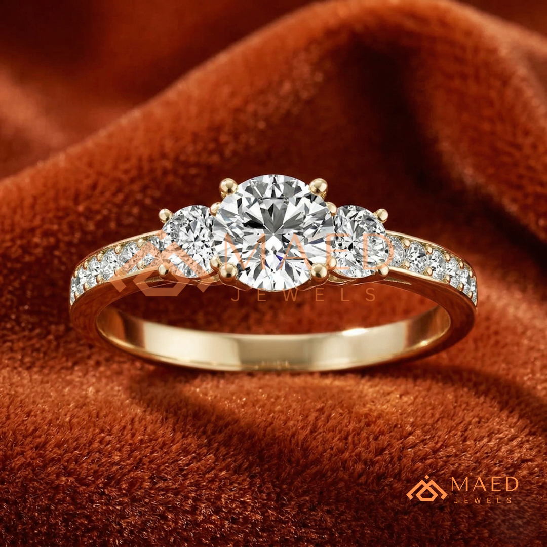 Round Cut 3-Stone Engagement Ring in 14K Gold, Rose Gold & Silver | Classic Three Stone Pave Moissanite Ring for Women
