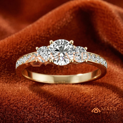 Round Cut 3-Stone Engagement Ring in 14K Gold, Rose Gold & Silver | Classic Three Stone Pave Moissanite Ring for Women