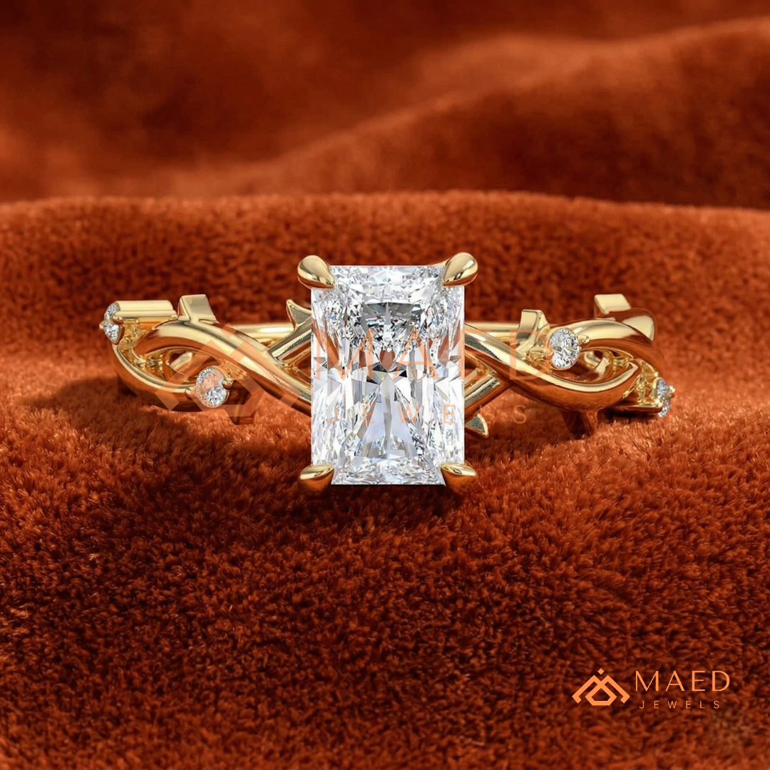 Enchanted Vine Radiant Cut Ring | Nature-Inspired Branch Wedding Band | 14K Gold, Rose Gold & Sterling Silver