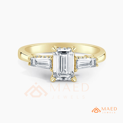Emerald Cut Three-Stone Engagement Ring with Tapered Baguettes in Silver, 14K Gold, & 14K Rose Gold