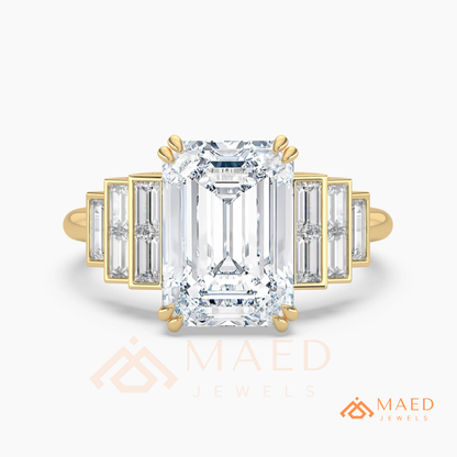Radiant Cut Rectangular Halo Ring with Dome Triple-Row Pavé Band