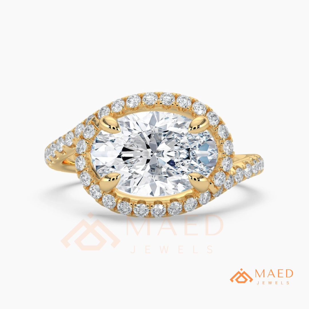 East-West Oval Cut Halo Engagement Ring | Bypass Pavé Band in 14K Gold, Rose Gold & Sterling Silver